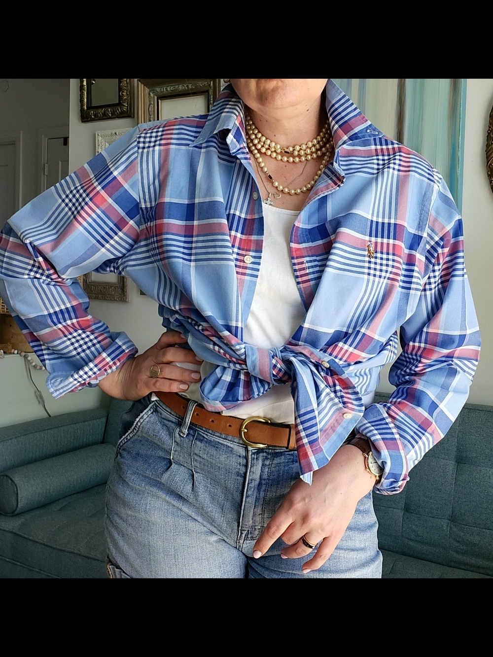 Ralph Lauren Light Blue Plaid Button-Down Shirt with Pink & Navy